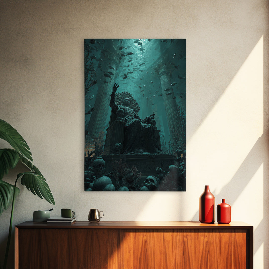 The Watcher In The Coral Throne, Vertical Wall Art, Cosmic Horror Wall Art, Framed Canvas Print, Halloween Wall Decor, Gothic Home Decor