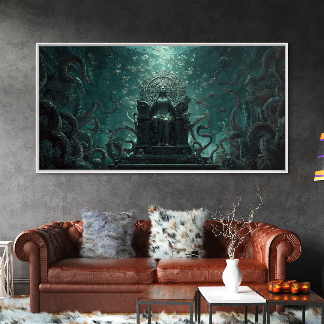 The Watcher In The Coral Throne, Wide Panoramic Art, Lovecraftian Horror Art, Framed Canvas Print, Halloween Wall Decor, Gothic Home Decor