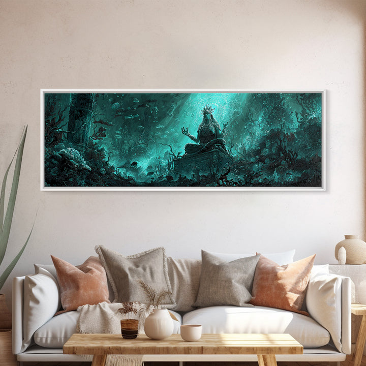 The Watcher In The Coral Throne, Extra Wide Wall Art, Cosmic Horror Wall Art, Framed Canvas Print, Halloween Wall Decor, Gothic Home Decor