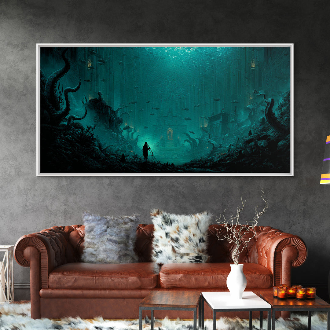 The Bellringer Of The Sunken Cathedral, Wide Panoramic Art, Spooky Home Decor, Canvas Print, Halloween Wall Decor, Gothic Home Decor
