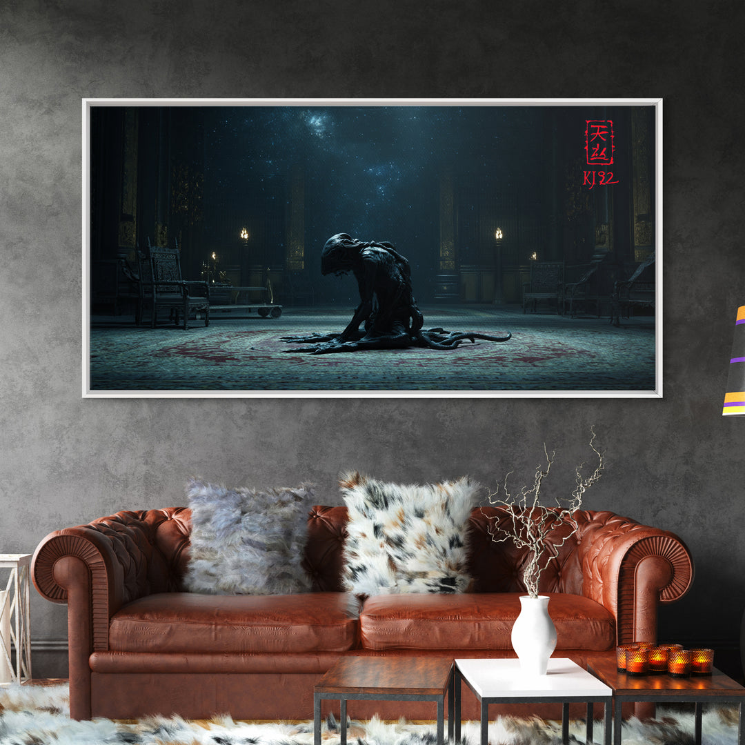 The Crawler Beneath The Floor Of Stars, Wide Panoramic Art, Eldritch Gothic Decor, Framed Canvas Print, Halloween Wall Decor