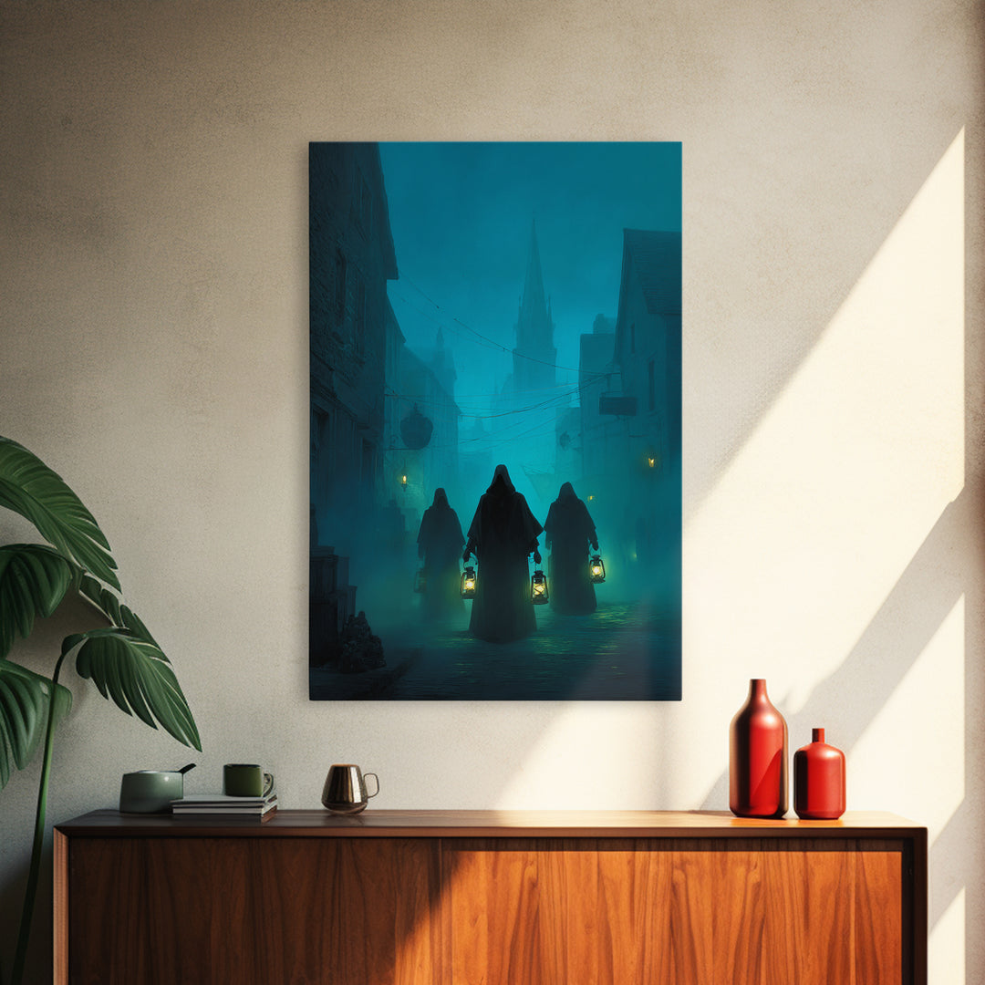 The Innsmouth Lantern Procession, Vertical Wall Art, Spooky Home Decor, Framed Canvas Print, Halloween Wall Decor, Gothic Home Decor