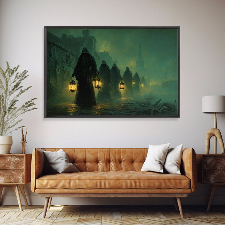 The Innsmouth Lantern Procession, Landscape Wall Art, Macabre Wall Art, Canvas Print, Halloween Wall Decor, Gothic Home Decor