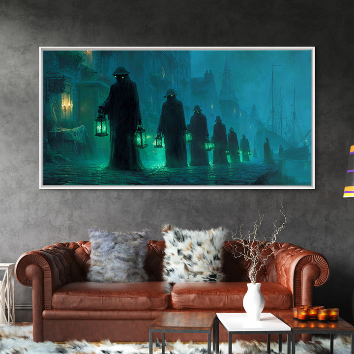 The Innsmouth Lantern Procession, Wide Panoramic Art, Eldritch Gothic Decor, Canvas Print, Halloween Wall Decor, Gothic Home Decor
