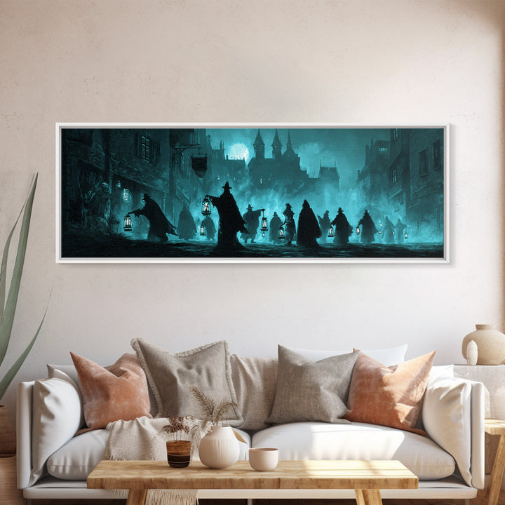 The Innsmouth Lantern Procession, Extra Wide Wall Art, Cosmic Horror Wall Art, Canvas Print, Halloween Wall Decor, Gothic Home Decor