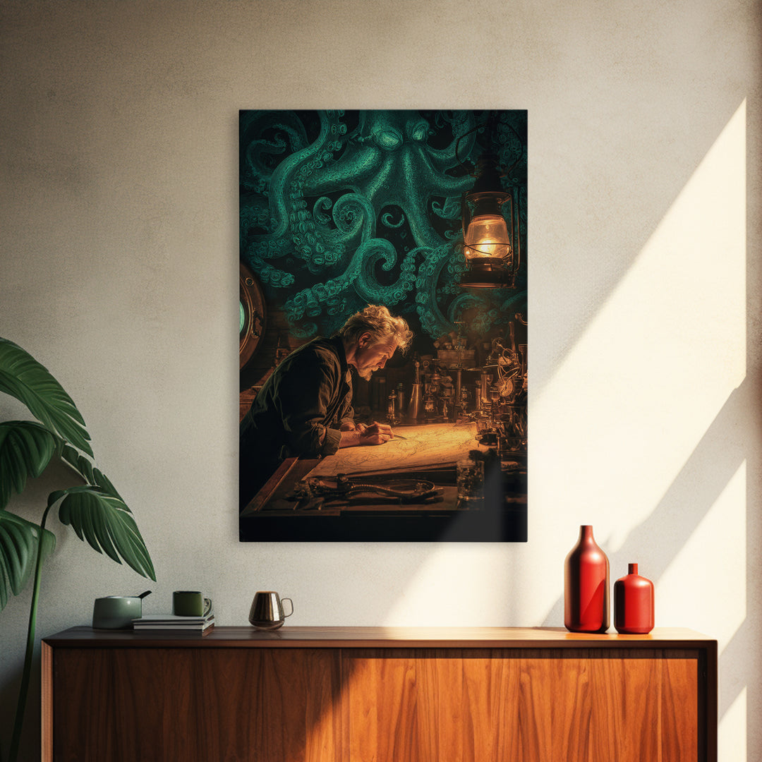 The Mapmaker Of Impossible Shores, Vertical Wall Art, Macabre Wall Art, Framed Canvas Print, Halloween Wall Decor, Gothic Home Decor