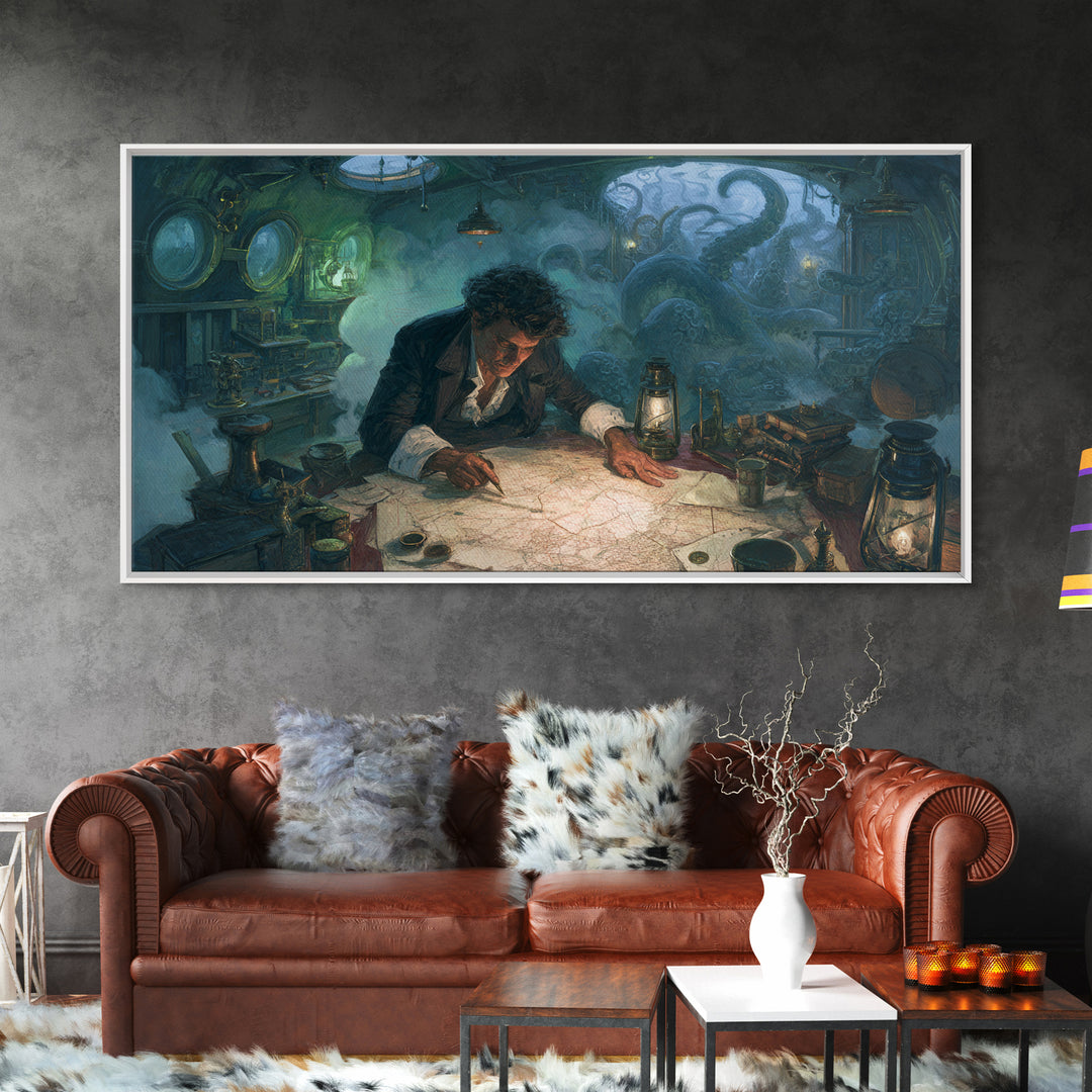 The Mapmaker Of Impossible Shores, Wide Panoramic Art, Eldritch Gothic Decor, Framed Canvas Print, Halloween Wall Decor, Gothic Home Decor