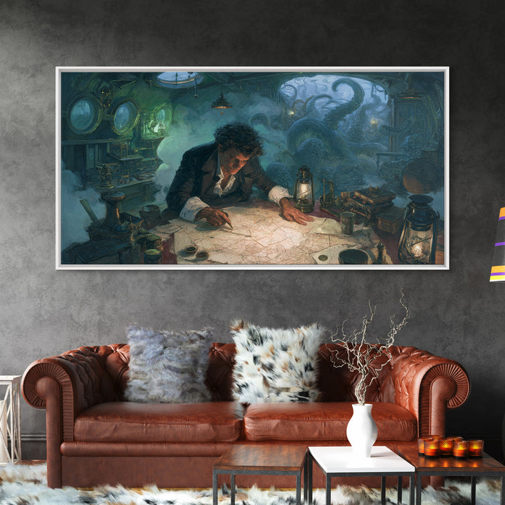 The Mapmaker Of Impossible Shores, Wide Panoramic Art, Eldritch Gothic Decor, Framed Canvas Print, Halloween Wall Decor, Gothic Home Decor