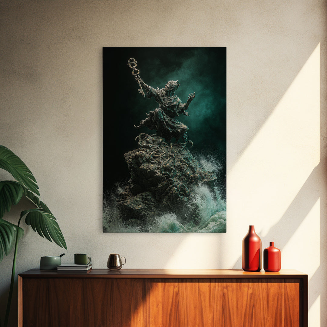 The Keeper Of The Black Reef Key, Vertical Wall Art, Macabre Wall Art, Canvas Print, Halloween Wall Decor, Gothic Home Decor