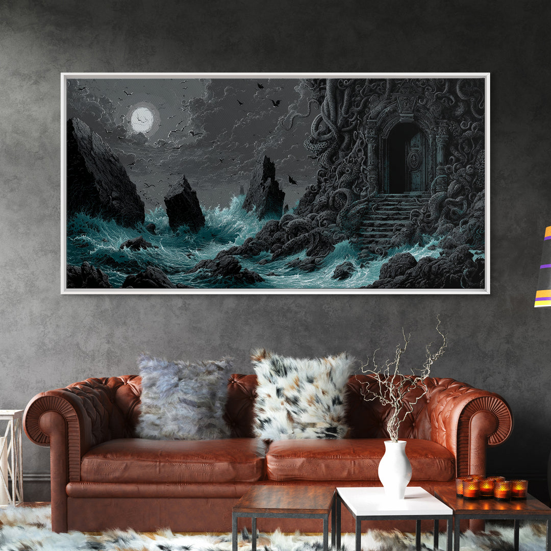 The Keeper Of The Black Reef Key, Wide Panoramic Art, Gothic Horror Wall Art, Canvas Print, Halloween Wall Decor, Gothic Home Decor