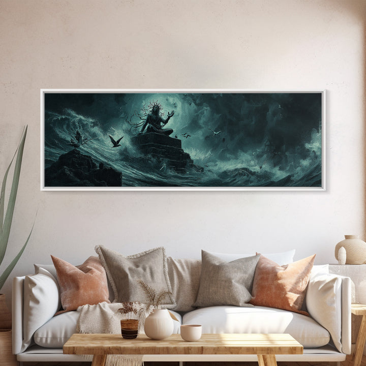 The Keeper Of The Black Reef Key, Extra Wide Wall Art, Lovecraftian Horror Art, Canvas Print, Halloween Wall Decor, Gothic Home Decor