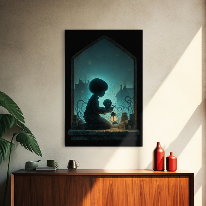 The Child Who Caught A Moon-Spawn, Vertical Wall Art, Eldritch Gothic Decor, Framed Canvas Print, Halloween Wall Decor, Gothic Home Decor