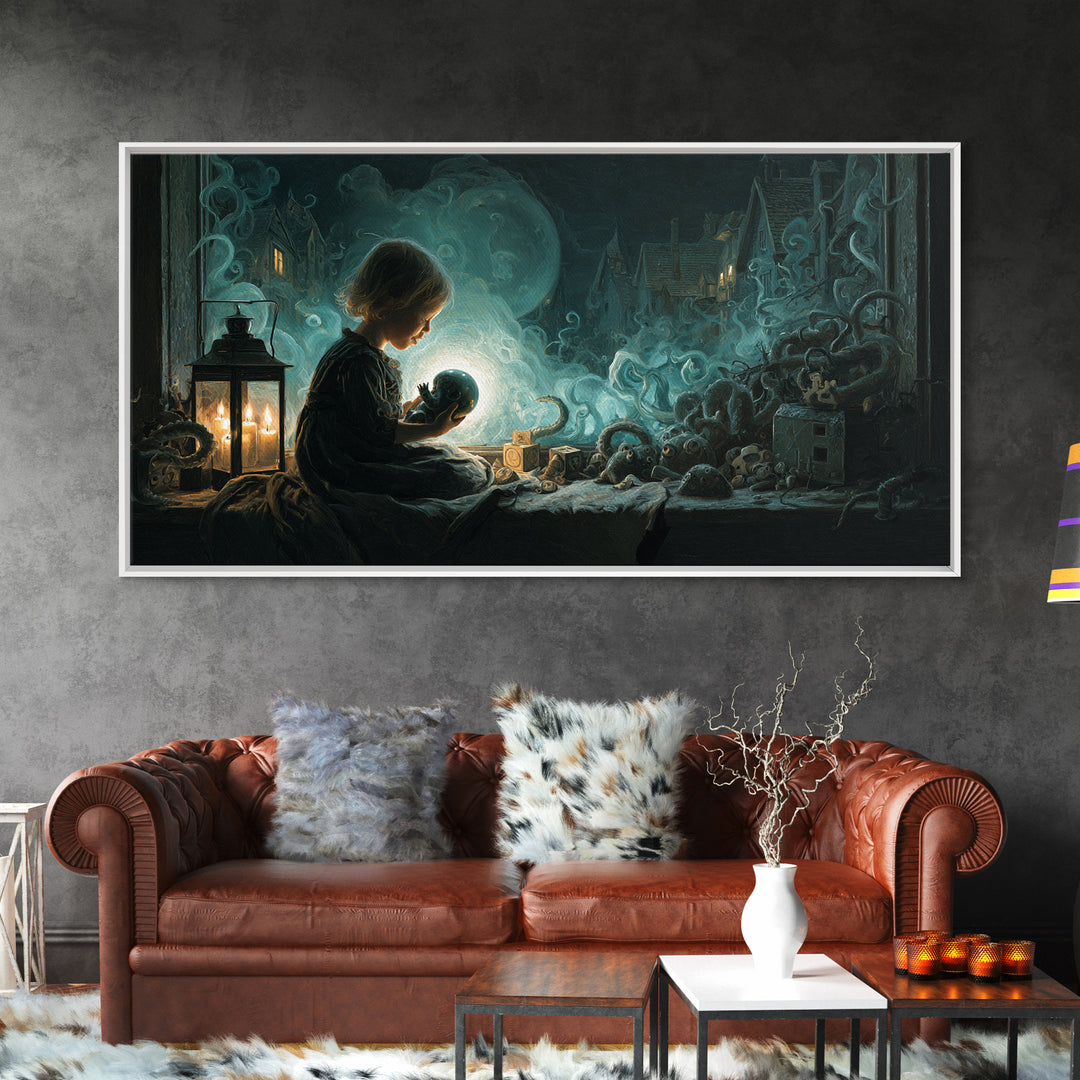 The Child Who Caught A Moon-Spawn, Wide Panoramic Art, Lovecraftian Horror Art, Framed Canvas Print, Halloween Wall Decor, Gothic Home Decor