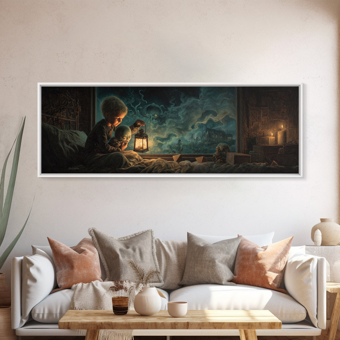 The Child Who Caught A Moon-Spawn, Extra Wide Wall Art, Eldritch Gothic Decor, Framed Canvas Print, Halloween Wall Decor, Gothic Home Decor