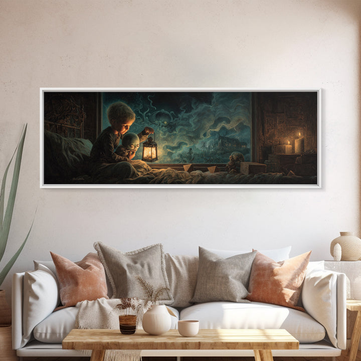 The Child Who Caught A Moon-Spawn, Extra Wide Wall Art, Eldritch Gothic Decor, Framed Canvas Print, Halloween Wall Decor, Gothic Home Decor