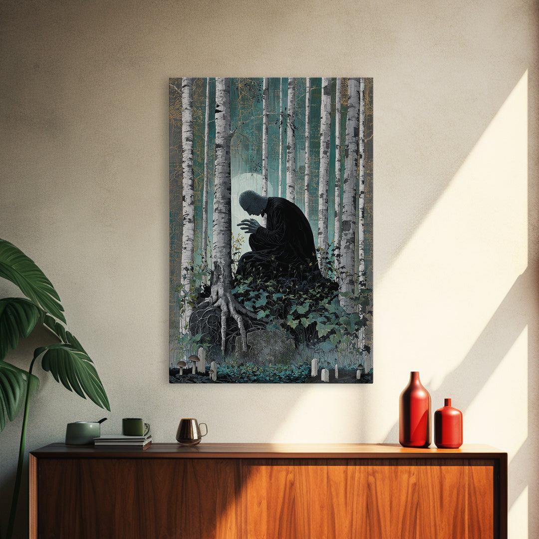 The Sleeper In The Birch Grove, Vertical Wall Art, Dark Fantasy Wall Art, Framed Canvas Print, Halloween Wall Decor, Gothic Home Decor