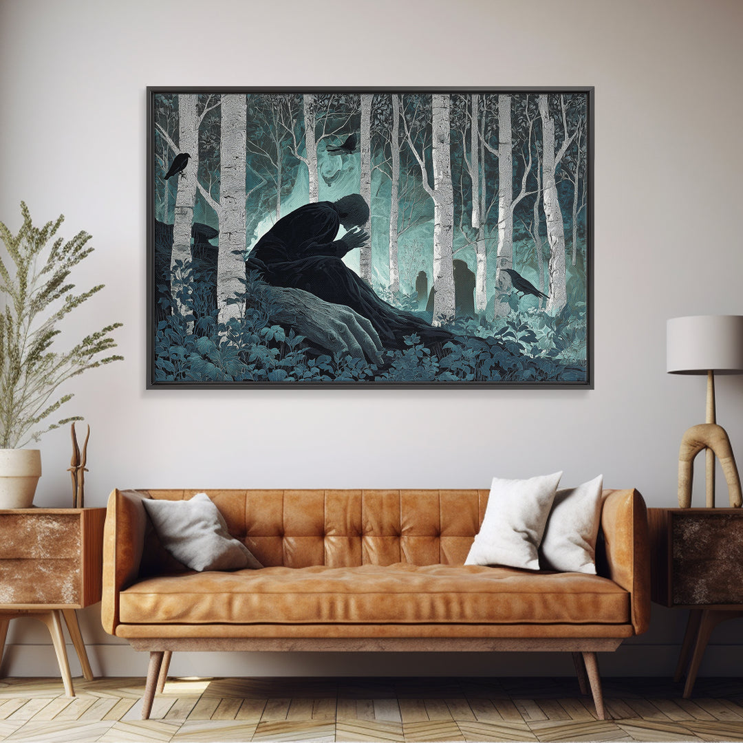 The Sleeper In The Birch Grove, Landscape Wall Art, Dark Halloween Decor, Canvas Print, Halloween Wall Decor, Gothic Home Decor