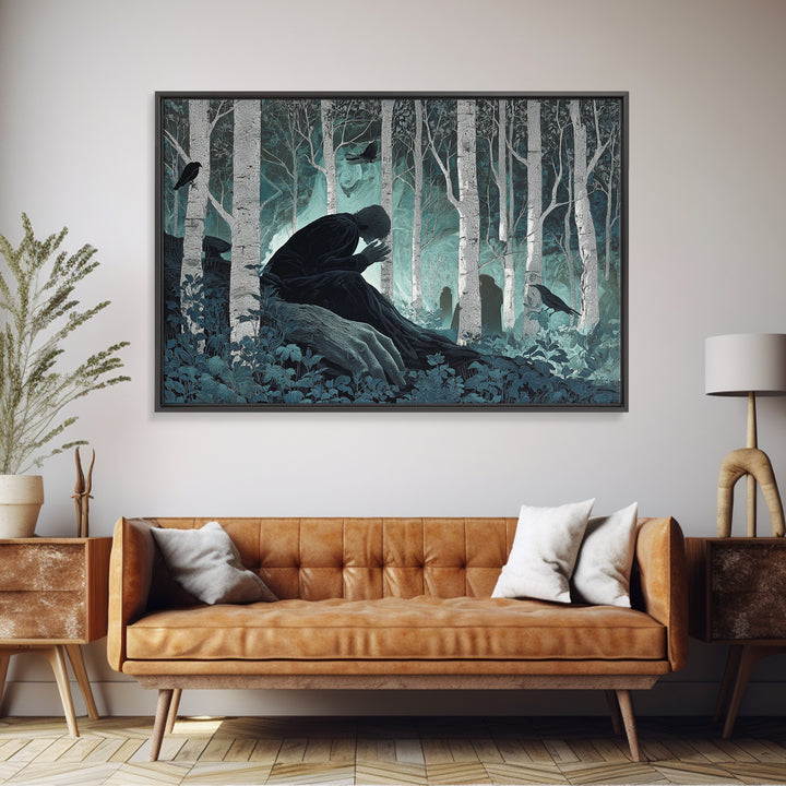 The Sleeper In The Birch Grove, Landscape Wall Art, Dark Halloween Decor, Canvas Print, Halloween Wall Decor, Gothic Home Decor
