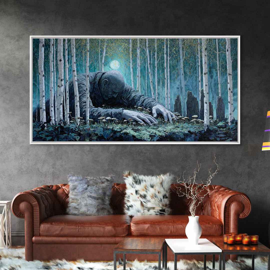 The Sleeper In The Birch Grove, Wide Panoramic Art, Lovecraftian Horror Art, Framed Canvas Print, Halloween Wall Decor, Gothic Home Decor