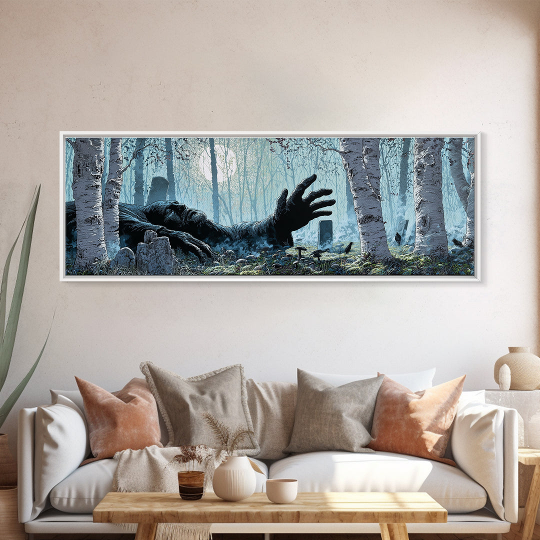 The Sleeper In The Birch Grove, Extra Wide Wall Art, Macabre Wall Art, Canvas Print, Halloween Wall Decor, Gothic Home Decor