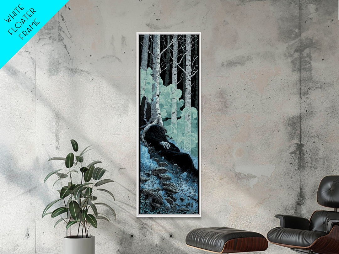 The Sleeper In The Birch Grove, Tall Narrow Wall Art, Spooky Home Decor, Framed Canvas Print, Halloween Wall Decor, Gothic Home Decor