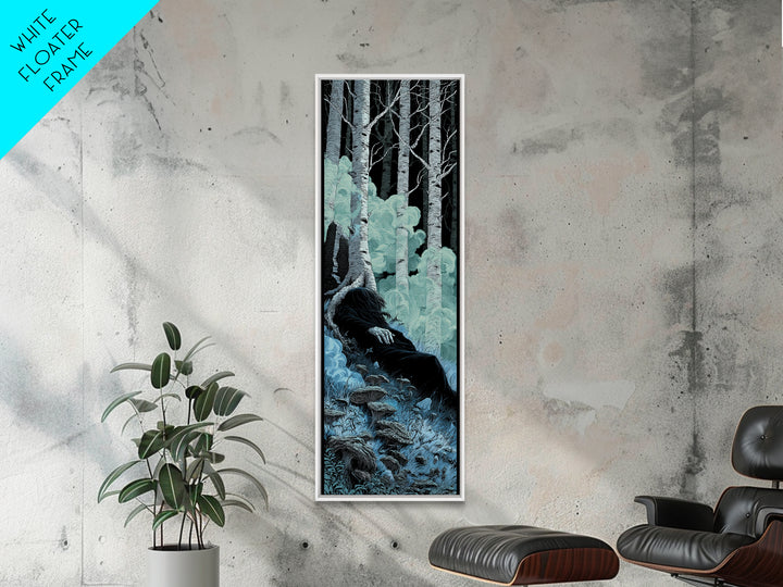 The Sleeper In The Birch Grove, Tall Narrow Wall Art, Spooky Home Decor, Framed Canvas Print, Halloween Wall Decor, Gothic Home Decor