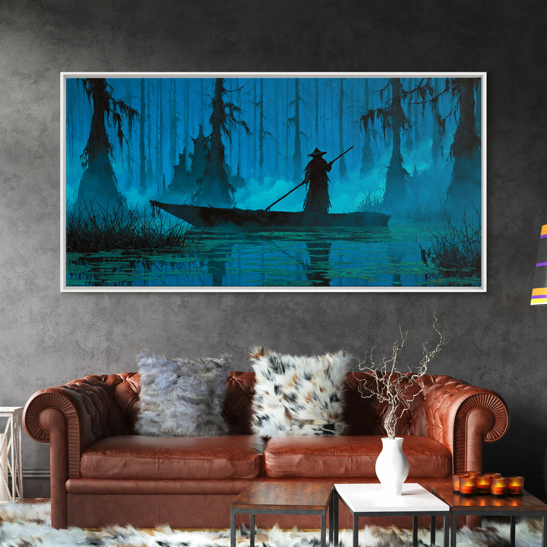 The Ferryman Of The Outer Marsh, Wide Panoramic Art, Lovecraftian Horror Art, Framed Canvas Print, Halloween Wall Decor, Gothic Home Decor