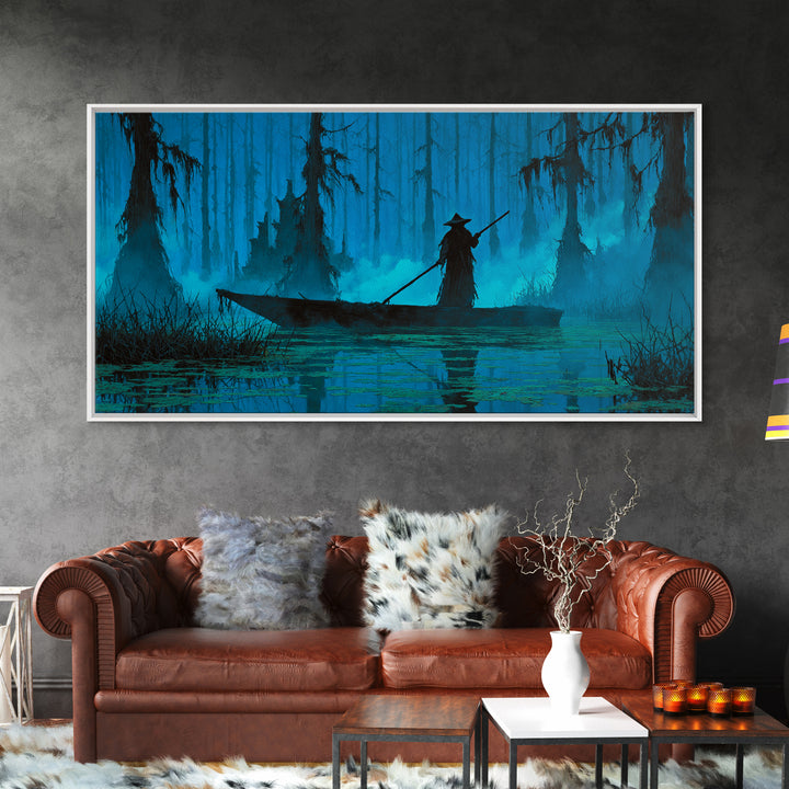 The Ferryman Of The Outer Marsh, Wide Panoramic Art, Lovecraftian Horror Art, Framed Canvas Print, Halloween Wall Decor, Gothic Home Decor