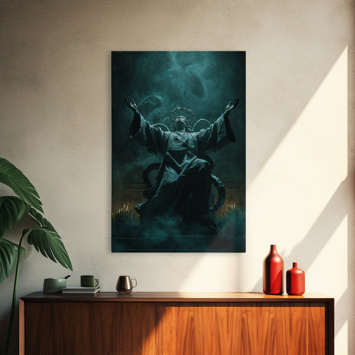 The Crown Of The Tentacled Saint, Vertical Wall Art, Haunted Gothic Art, Framed Canvas Print, Halloween Wall Decor, Gothic Home Decor