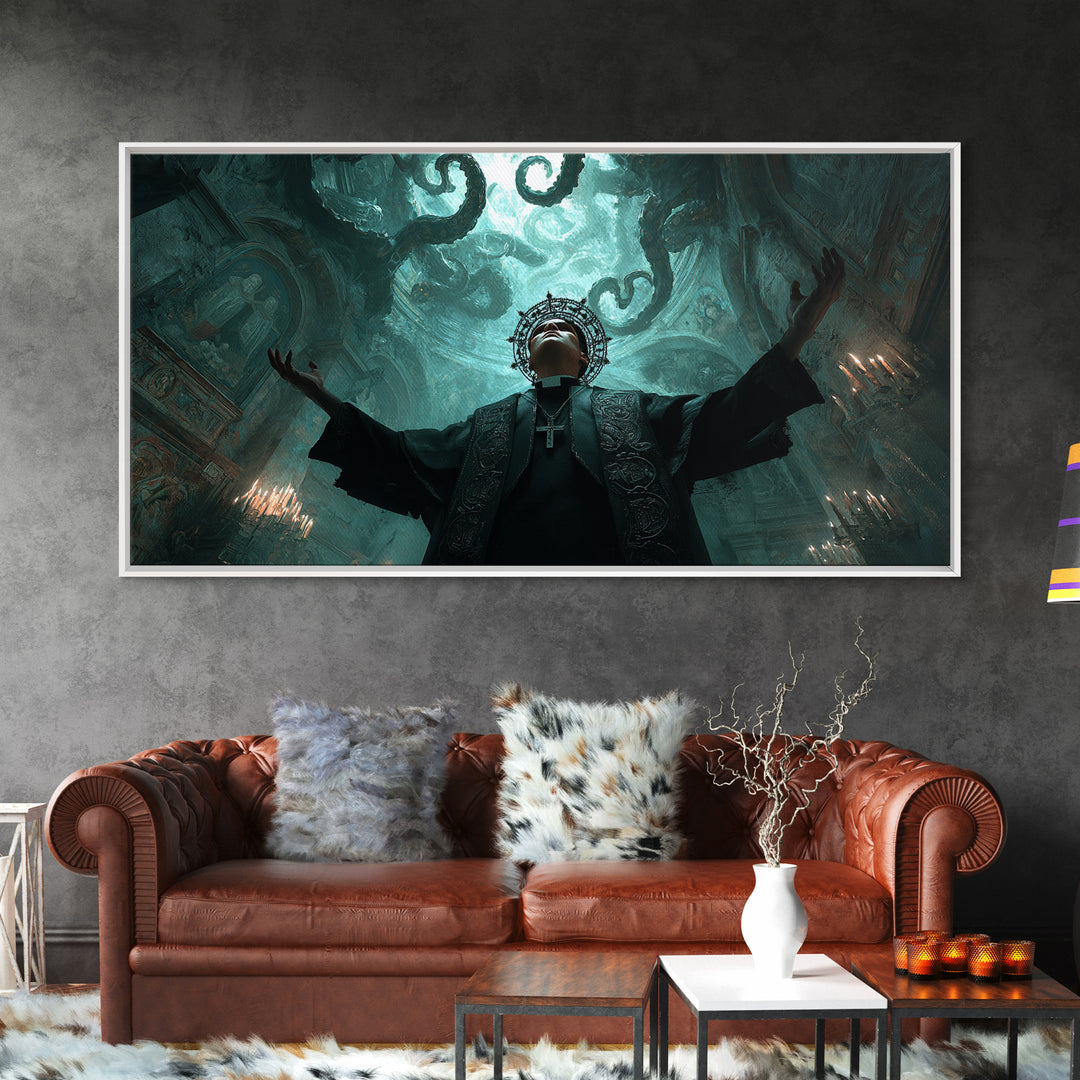 The Crown Of The Tentacled Saint, Wide Panoramic Art, Eldritch Gothic Decor, Canvas Print, Halloween Wall Decor, Gothic Home Decor
