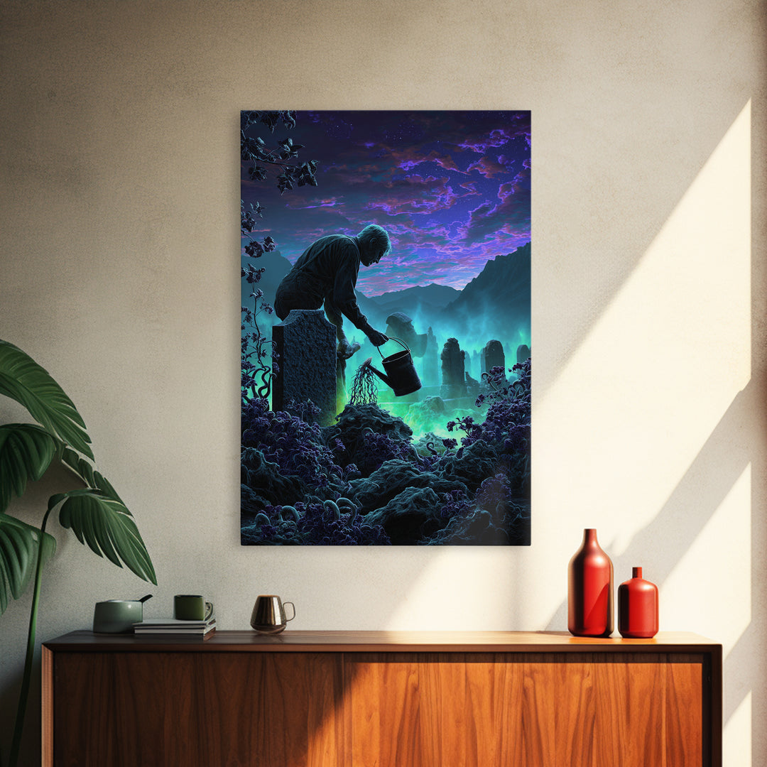 The Grave Gardener Of Yuggoth, Vertical Wall Art, Dark Fantasy Wall Art, Framed Canvas Print, Halloween Wall Decor, Gothic Home Decor