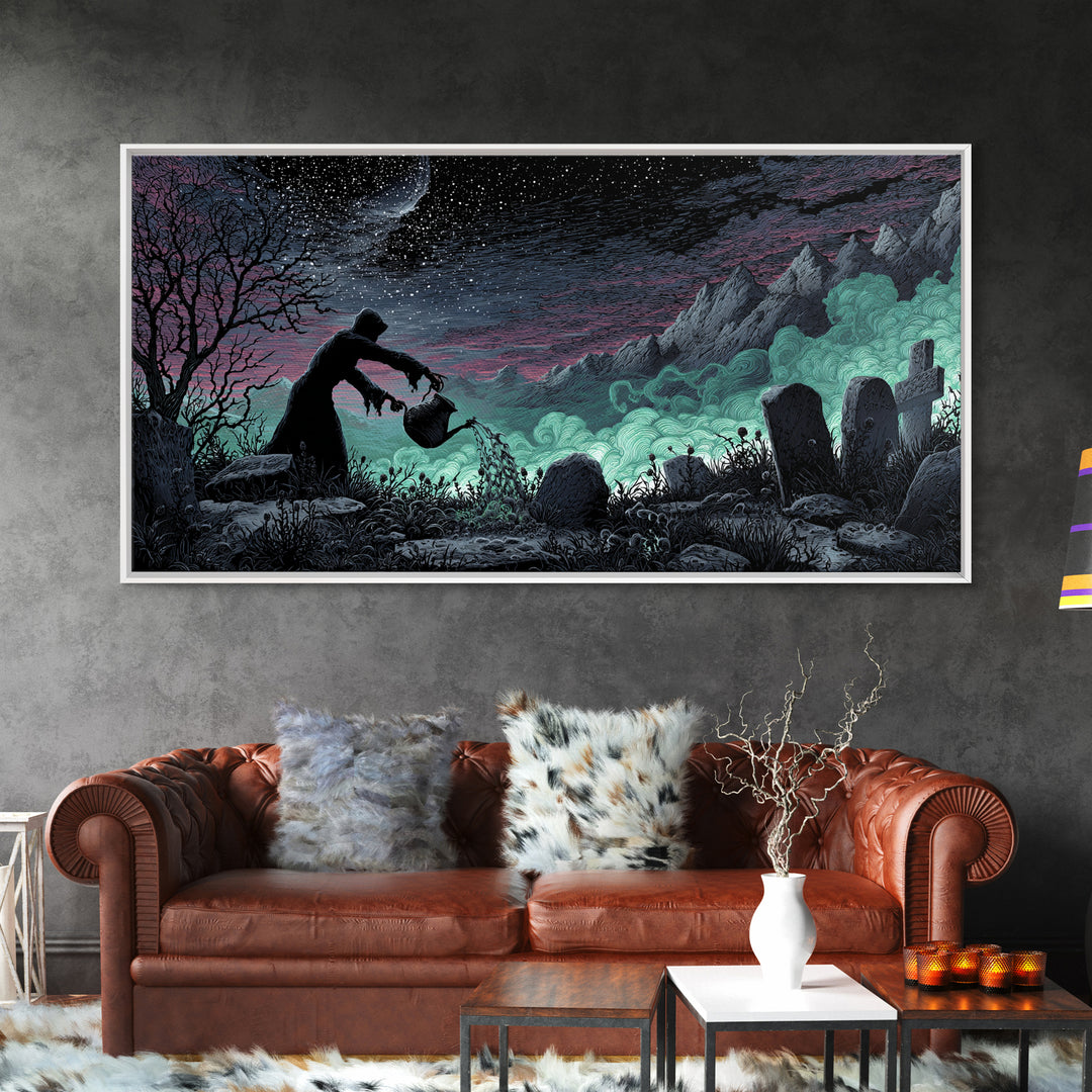 The Grave Gardener Of Yuggoth, Wide Panoramic Art, Spooky Home Decor, Canvas Print, Halloween Wall Decor, Gothic Home Decor, Halloween Decor