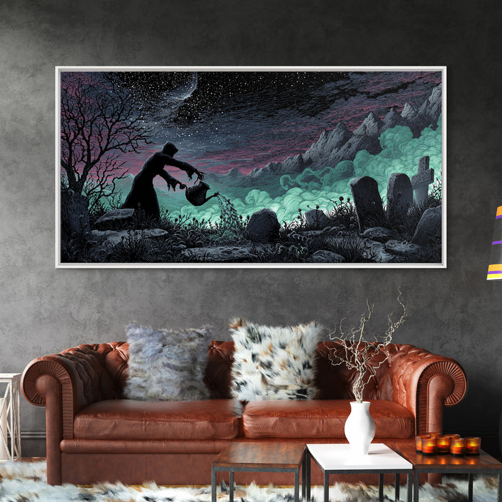 The Grave Gardener Of Yuggoth, Wide Panoramic Art, Spooky Home Decor, Canvas Print, Halloween Wall Decor, Gothic Home Decor, Halloween Decor