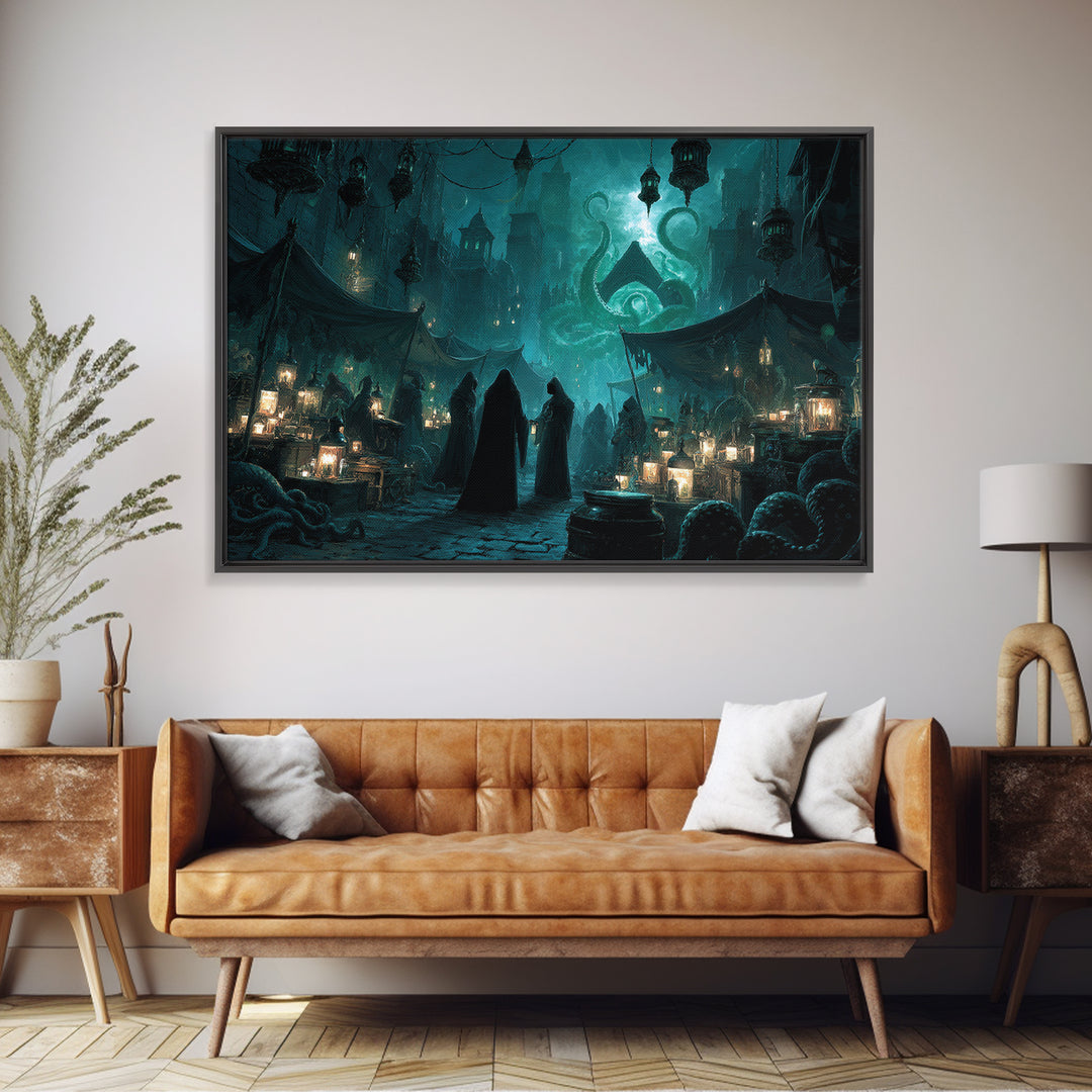 The Lantern Market Beyond The Veil, Landscape Wall Art, Eldritch Gothic Decor, Canvas Print, Halloween Wall Decor, Gothic Home Decor