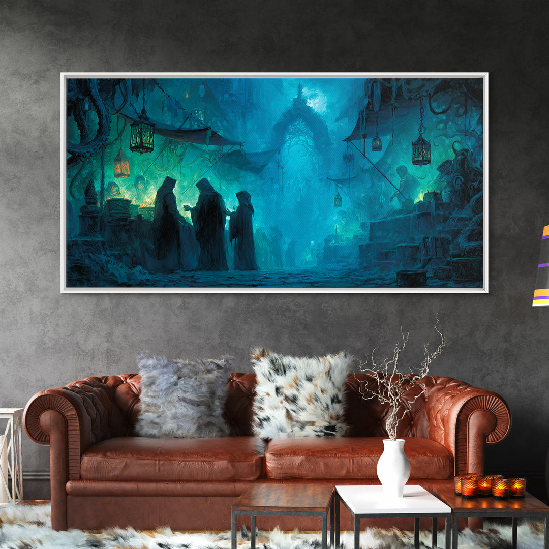 The Lantern Market Beyond The Veil, Wide Panoramic Art, Eldritch Gothic Decor, Framed Canvas Print, Halloween Wall Decor, Gothic Home Decor