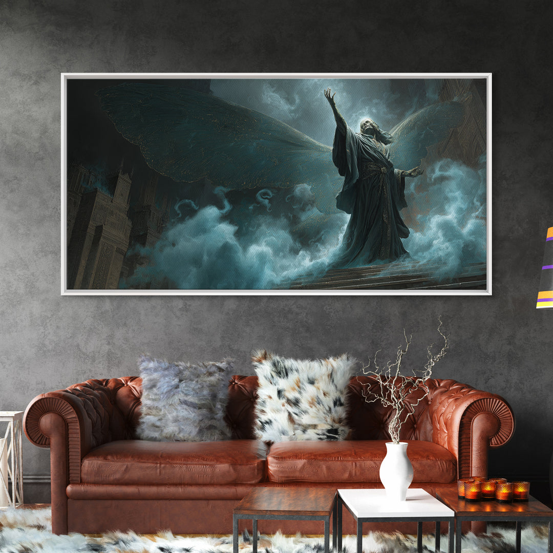 The Moth Prophet Of Kadath, Wide Panoramic Art, Eldritch Gothic Decor, Framed Canvas Print, Halloween Wall Decor, Gothic Home Decor