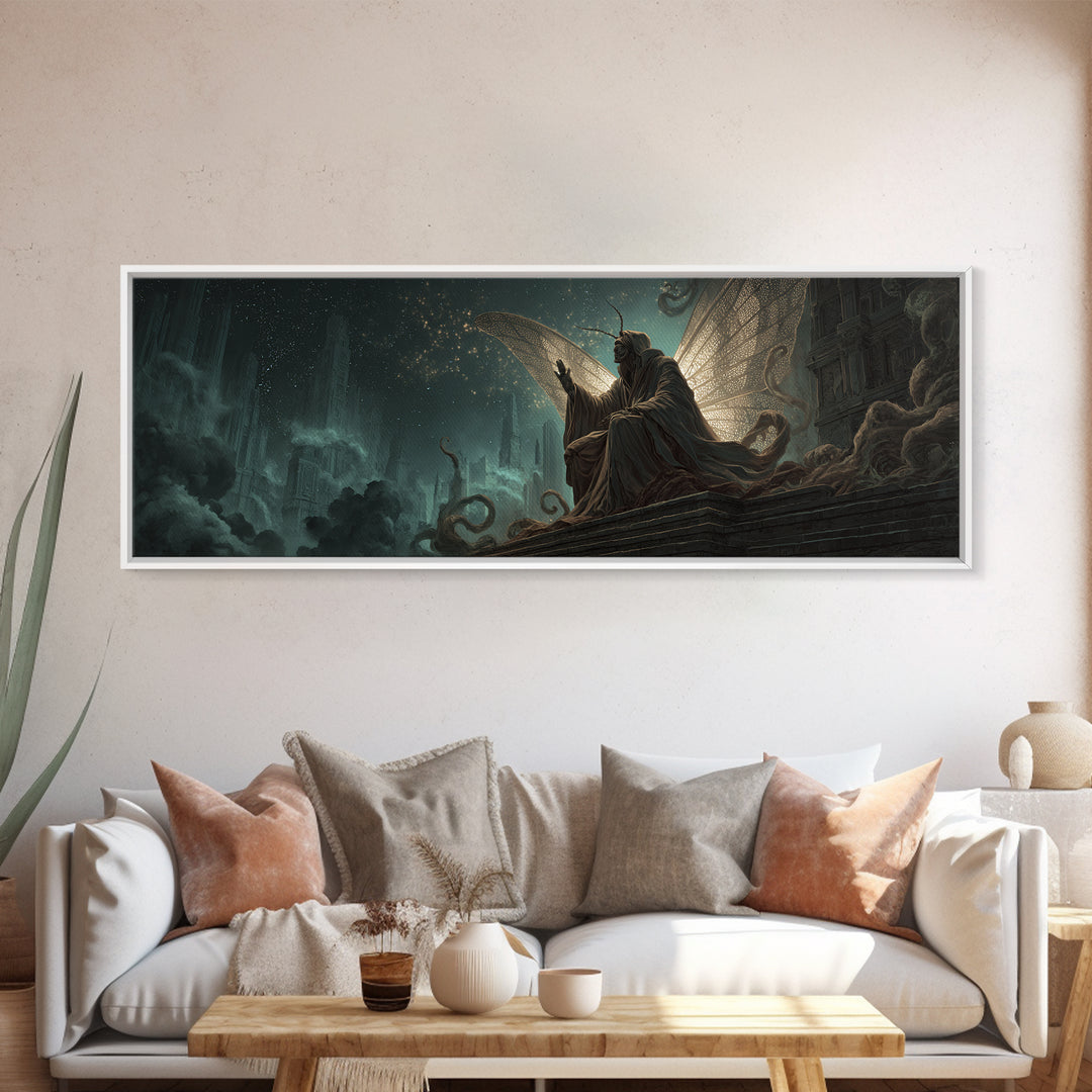 The Moth Prophet Of Kadath, Extra Wide Wall Art, Lovecraftian Horror Art, Canvas Print, Halloween Wall Decor, Gothic Home Decor