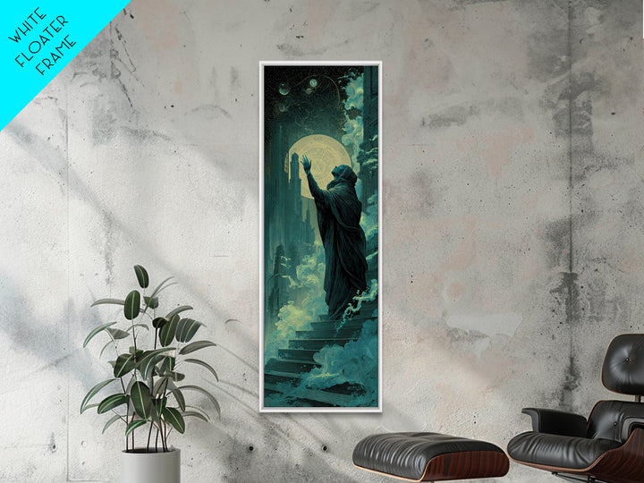 The Moth Prophet Of Kadath, Tall Narrow Wall Art, Macabre Wall Art, Framed Canvas Print, Halloween Wall Decor, Gothic Home Decor