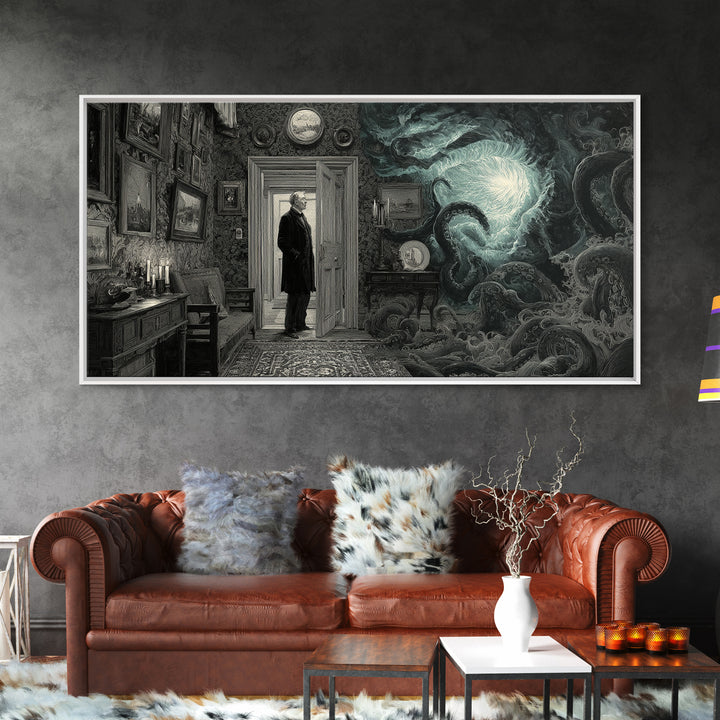The Thirteenth Door Of Arkham House, Wide Panoramic Art, Gothic Horror Wall Art, Canvas Print, Halloween Wall Decor, Gothic Home Decor