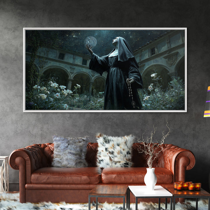 The Nun Of The Endless Constellation, Wide Panoramic Art, Dark Halloween Decor, Canvas Print, Halloween Wall Decor, Gothic Home Decor