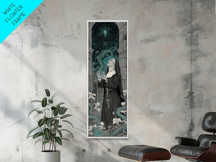 The Nun Of The Endless Constellation, Tall Narrow Wall Art, Haunted Gothic Art, Framed Canvas Print, Halloween Wall Decor, Gothic Home Decor