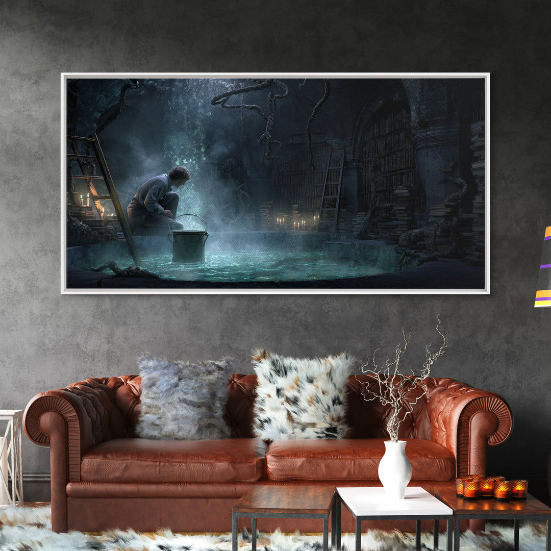 The Dreamwell Beneath Miskatonic, Wide Panoramic Art, Eldritch Gothic Decor, Framed Canvas Print, Halloween Wall Decor, Gothic Home Decor
