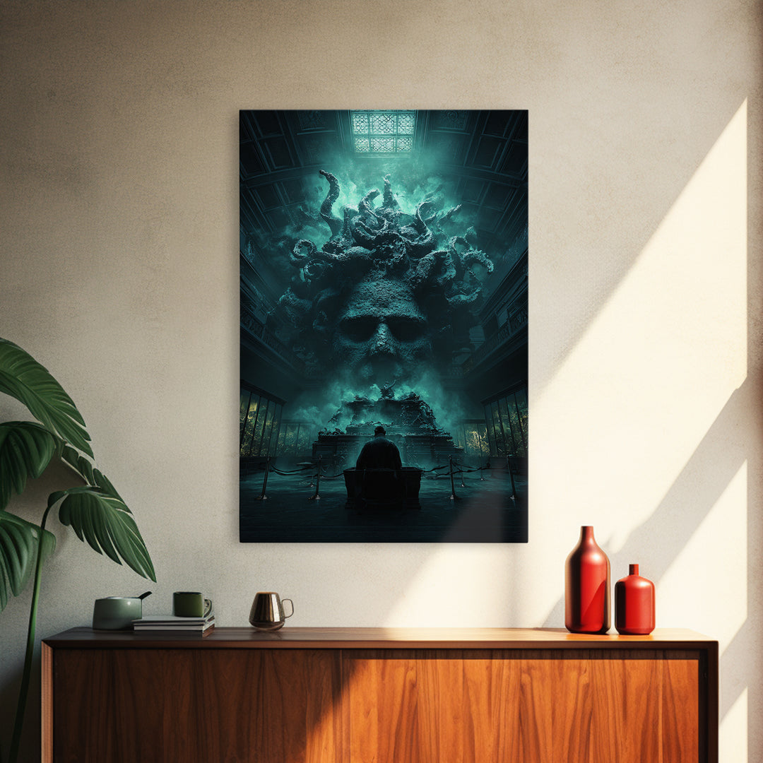 The Custodian Of The Whispering Idol, Vertical Wall Art, Lovecraftian Horror Art, Framed Canvas Print, Halloween Wall Decor