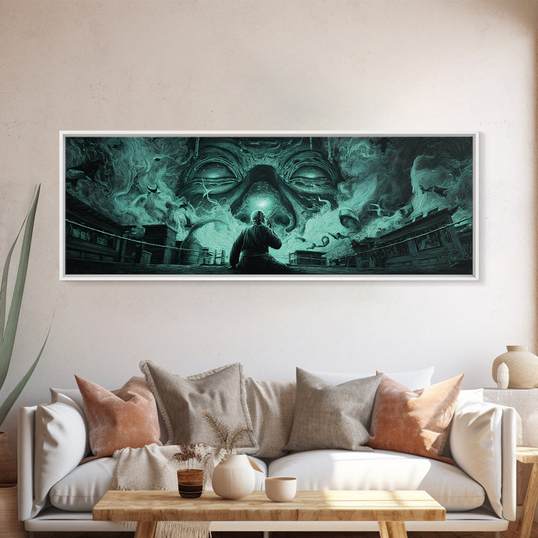 The Custodian Of The Whispering Idol, Extra Wide Wall Art, Dark Fantasy Wall Art, Canvas Print, Halloween Wall Decor, Gothic Home Decor
