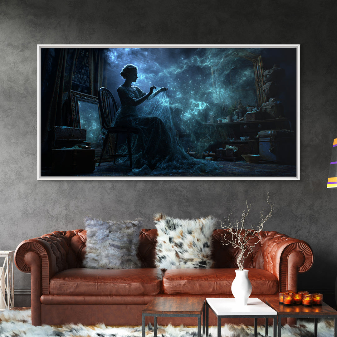 The Seamstress Of Living Nebulae, Wide Panoramic Art, Haunted Gothic Art, Canvas Print, Halloween Wall Decor, Gothic Home Decor