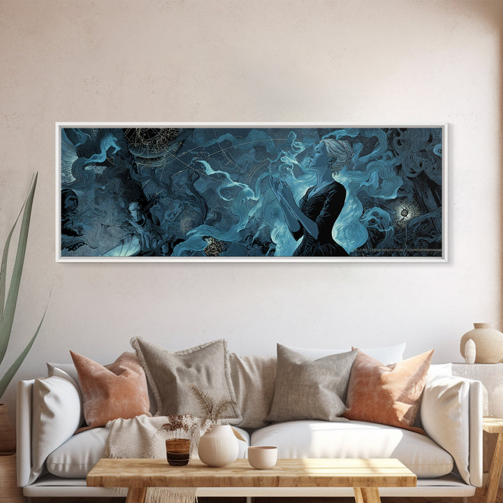 The Seamstress Of Living Nebulae, Extra Wide Wall Art, Lovecraftian Horror Art, Framed Canvas Print, Halloween Wall Decor, Gothic Home Decor