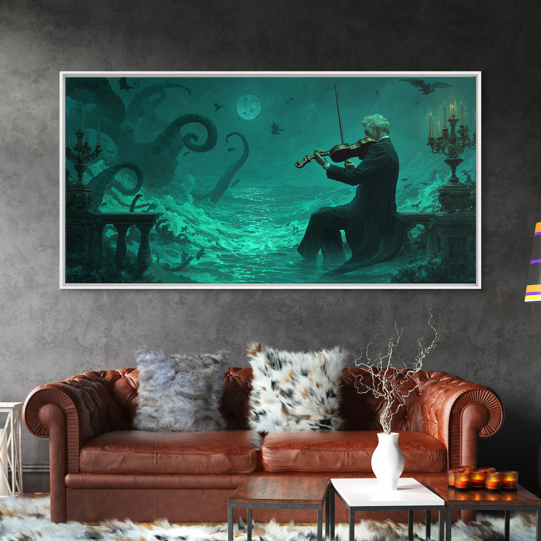 The Violinist Of The Drowned Moon, Wide Panoramic Art, Spooky Home Decor, Framed Canvas Print, Halloween Wall Decor, Gothic Home Decor