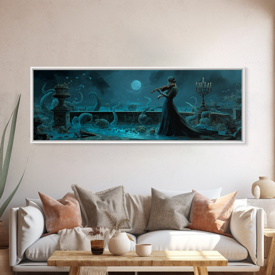 The Violinist Of The Drowned Moon, Extra Wide Wall Art, Haunted Gothic Art, Framed Canvas Print, Halloween Wall Decor, Gothic Home Decor
