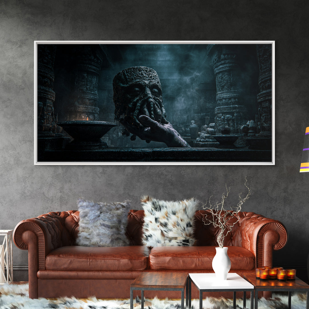 The Mask Of The Crawling God, Wide Panoramic Art, Lovecraftian Horror Art, Canvas Print, Halloween Wall Decor, Gothic Home Decor