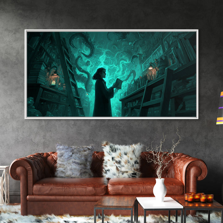 The Archivist Of Dreaming Bones, Wide Panoramic Art, Gothic Horror Wall Art, Framed Canvas Print, Halloween Wall Decor, Gothic Home Decor